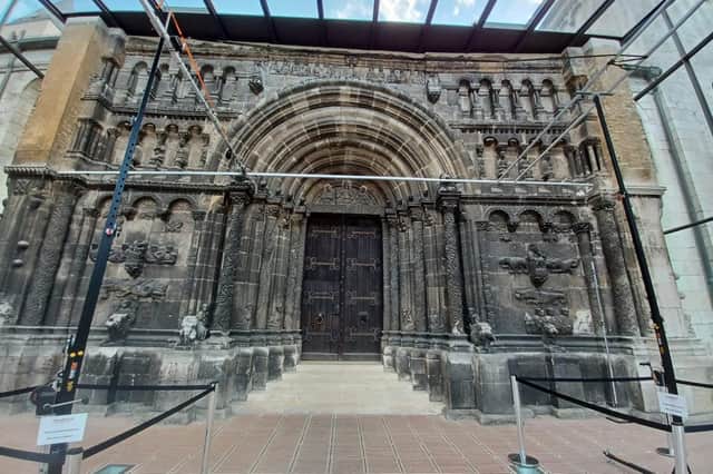 The Schottenportal (Irish portal) at the monastery of St. James in Regensburg is covered in stone carvings and motifs redolent of Ireland