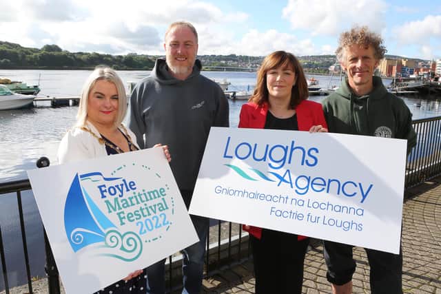 Photocall lineup L-R: Mayor of Derry-Strabane Sandra Duffy, Gerald McGahey of Foyle Paddlers, Loughs Agency CEO Sharon McMahon, Lawrence McBride of Far and Wild. (photo: Lorcan Doherty)