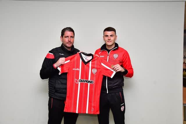 Derry City manager Ruaidhri Higgins unveils new signing from Longford Town, Ryan Graydon. Photograph by Kevin Morrison.