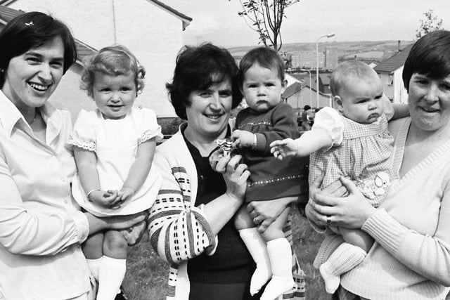 1979... Mums with their prizewinning babies at the Hollymount Park Tenants' Association summer sports day. In centre is Teresa Brolly with daughter, Sinead, who was the winner, with, on left, Claire Coyle with daughter, Sinead, third, and, on right, Geraldine McClelland with daughter, Laura, runner-up.