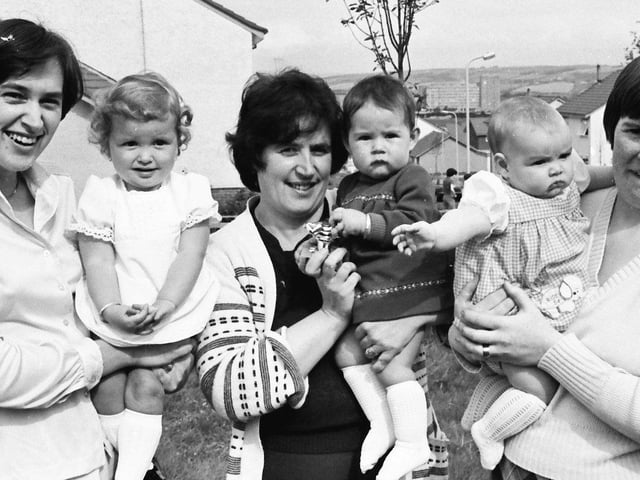 1979... Mums with their prizewinning babies at the Hollymount Park Tenants' Association summer sports day. In centre is Teresa Brolly with daughter, Sinead, who was the winner, with, on left, Claire Coyle with daughter, Sinead, third, and, on right, Geraldine McClelland with daughter, Laura, runner-up.