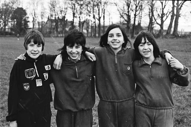 1971... The St Cecilia's team which won the junior girls' competition at the North Ulster secondary schools cross country championships. From left are Rose Quigley, Anna kuzyk, Margaret Kuzyk and Dympna Farrden.