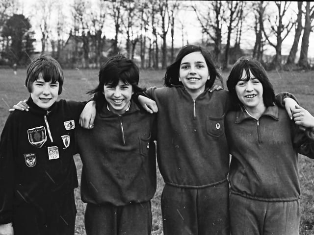 1971... The St Cecilia's team which won the junior girls' competition at the North Ulster secondary schools cross country championships. From left are Rose Quigley, Anna kuzyk, Margaret Kuzyk and Dympna Farrden.