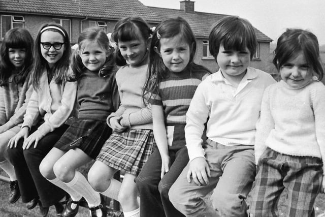 1974... Kids from St Anne's PS, Rosemount. From left are Elizabeth McConnell, Niamh O'Carolan, Martina Anderson, Sandra Breslin, Deborah Leitch, Owen Shields and Shirley Lishman.