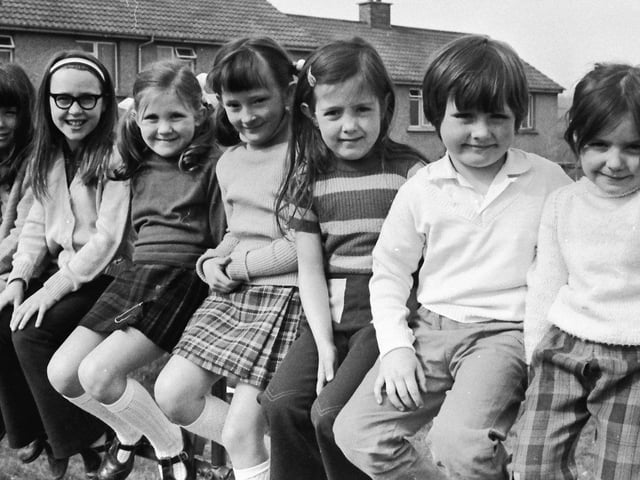 1974... Kids from St Anne's PS, Rosemount. From left are Elizabeth McConnell, Niamh O'Carolan, Martina Anderson, Sandra Breslin, Deborah Leitch, Owen Shields and Shirley Lishman.