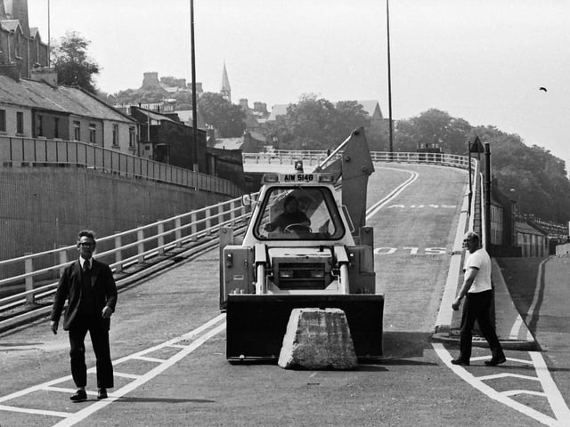 1975... Last minute preparations before the Lecky Road flyover opens.