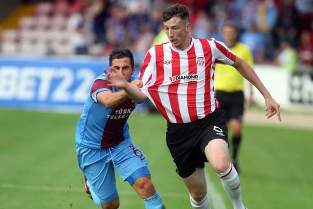 Derry's Shane McEleney and Trabzonspor's Zeki Yavru during the Europa League Second Qualifying Round 2nd Leg in 2013.