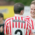 Derry City's Eddie McCallion celebrates with team-mate Tam McManus at the final whistle after their 2009 win over Skonto Riga. Picture by Lorcan Doherty/INPHO