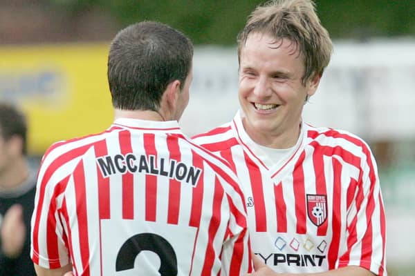 Derry City's Eddie McCallion celebrates with team-mate Tam McManus at the final whistle after their 2009 win over Skonto Riga. Picture by Lorcan Doherty/INPHO