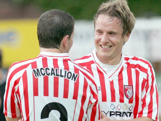 Derry City's Eddie McCallion celebrates with team-mate Tam McManus at the final whistle after their 2009 win over Skonto Riga. Picture by Lorcan Doherty/INPHO