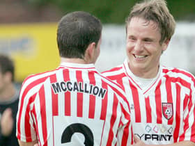 Derry City's Eddie McCallion celebrates with team-mate Tam McManus at the final whistle after their 2009 win over Skonto Riga. Picture by Lorcan Doherty/INPHO