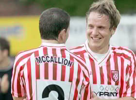Derry City's Eddie McCallion celebrates with team-mate Tam McManus at the final whistle after their 2009 win over Skonto Riga. Picture by Lorcan Doherty/INPHO