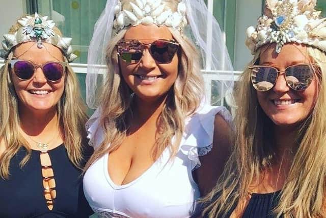 Ciara Mhic Cathmhaoil with her sisters wearing the mermaid crowns that started the business. The name G Gal comes from Ciara expressing her love for her glue gun at sister Aoife's hen party.