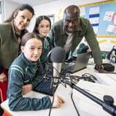 Anne McNaulty, Sophie Glackin, Tanya Wakeley (St Cecilia's College) and Kwame Daniels (Bounce Culture). Photo by Martin McKeown