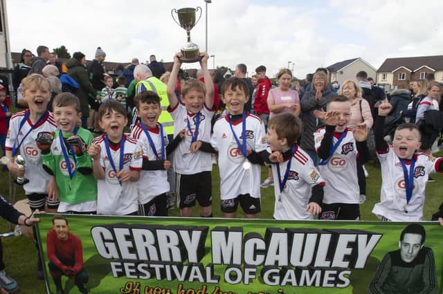 Maiden City Soccer, winners of the 2022 Gerry McAuley Festival of Games at Oakland Park on Sunday last. The annual tournament is run by Trojans FC in memory of one of their former players and involved 18 junior clubs from the city and district. (Photos: Jim McCafferty Photography)