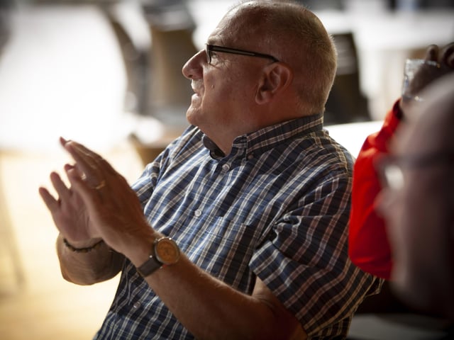Old Library Trust volunteer Glenn Hinds making a point at last weekâ€TMs workshop in An Culturlann.