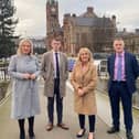 Sinn Fein First Minister designate Michelle O'Neill with Derry MLAs Padraig Delargy and Ciara Ferguson and national chairperson Declan Kearney.