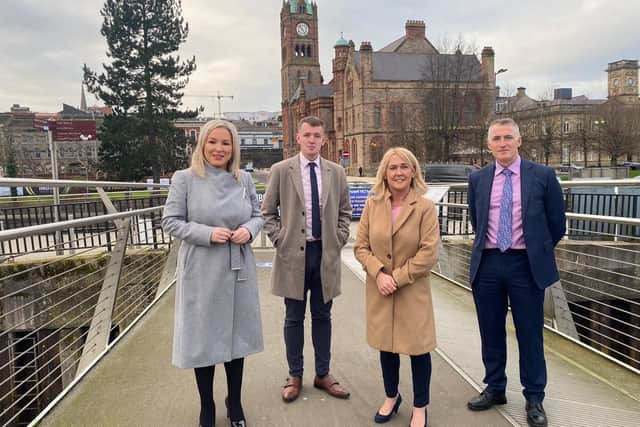 Sinn Fein First Minister designate Michelle O'Neill with Derry MLAs Padraig Delargy and Ciara Ferguson and national chairperson Declan Kearney.