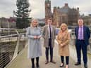 Sinn Fein First Minister designate Michelle O'Neill with Derry MLAs Padraig Delargy and Ciara Ferguson and national chairperson Declan Kearney.