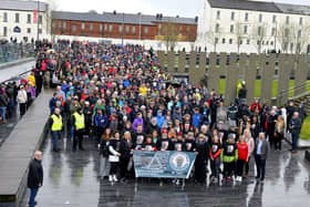 Participants in the Chieftain's Walk, prior to leaving Ebrington Square to walk to the Brandywell Showgrounds on Sunday afternoon last. DER1319GS-011