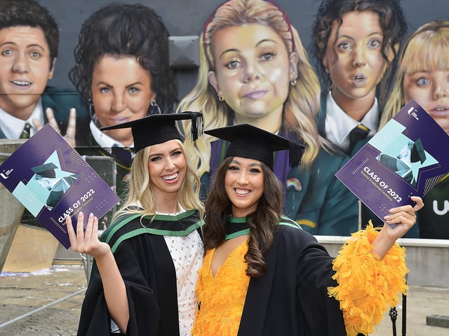 Megan Poland from Limavady and Ellie Canning from Limavady graduating in Social Work pictured before the graduation in Derry. Picture By Arthur Allison: Pacemaker Press