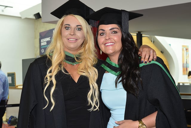 Pacemaker Press Thursday 7th July 2022: Ulster University Magee Graduations at the Millennium Forum in Londonderry, Northern Ireland. Sandra Tate and Natasha Crossan from Derry Graduates in Social Work pictured before the graduation in Derry.
Picture By Arthur Allison: Pacemaker Press