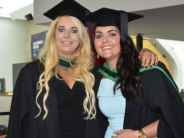 Pacemaker Press Thursday 7th July 2022: Ulster University Magee Graduations at the Millennium Forum in Londonderry, Northern Ireland. Sandra Tate and Natasha Crossan from Derry Graduates in Social Work pictured before the graduation in Derry.
Picture By Arthur Allison: Pacemaker Press