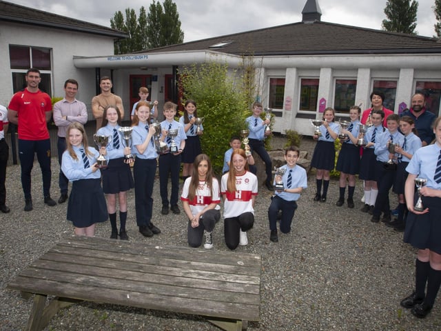 Hollybush Primary School annual prizeswinners and special guests 2022 pictured with Principal, Ms. Teresa Duggan, Vice Principal Mr. Feargal Friel and teachers. (Photos: Jim McCafferty Photography)