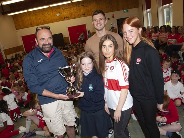 Sarah McAvoy receiving the inaugural Carmel Dunn Cup Environmental award from Mr. Feargal Friel, Vice Principal. Included are special guests Conor â'The Kid' Coyle with Annie Duffy and Rosa Gallagher, two All-Ireland winning past pupils.