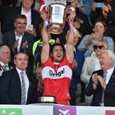 Derry captain Christopher McKaigue lifts the trophy after his side's victory in the Ulster GAA Football Senior Championship Final over Donegal. Picture by Ramsey Cardy/Sportsfile