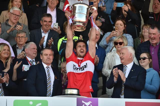 Derry captain Christopher McKaigue lifts the trophy after his side's victory in the Ulster GAA Football Senior Championship Final over Donegal. Picture by Ramsey Cardy/Sportsfile