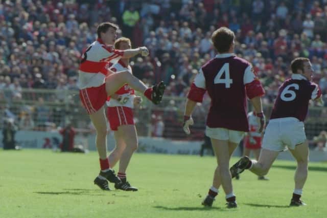Derry and Galway arrive at the semi-final stages of the All Ireland SFC as respective Ulster and Connacht champions but it’s an unusual pairing. Derry’s Joe Brolly in action during the Oak Leafers semi-final Championship defeat to Galway in 1998.