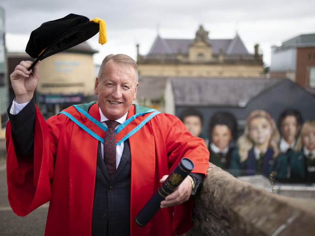 Jim Roddy who has been conferred this morning as an honorary graduate at the Millennium Forum. (Photo: Nigel mcDowell/Ulster University)