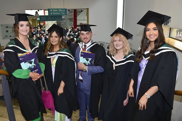 Pacemaker Press Thursday 7th July 2022: Ulster University Magee Graduations at the Millennium Forum. Maria Boyle from  Downpatrick Lara O' Donnell from Donegal , Ashley Smith, Clodagh May, Emma Mc Glinchey from Enniskillen pictured before the graduation in Derry. Picture By Arthur Allison: Pacemaker Press