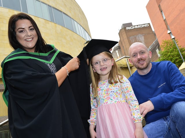Pacemaker Press Thursday 7th July 2022: Colin Irvine and Harley Best-Irvine from Enniskillen graduating in Social work pictured before the graduation in Derry.Picture By Arthur Allison: Pacemaker Press
