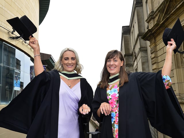 Lisa Cassidy from Omagh and Ruth Bell from Enniskillen graduating in PGCE Education pictured before the graduation in Derry. Picture By Arthur Allison: Pacemaker Press
