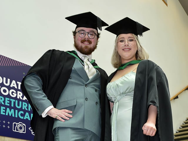 Liam Donegan from Belfast and Emily Blackwell from Bellaghy Graduates in Cinematic Arts pictured before the graduation in Derry. Picture By Arthur Allison: Pacemaker Press
