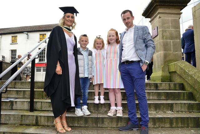 Lisa Cassidy from Drumquin Co Tyrone  pictured with Ryan Cassidy, Caela, Cahir and C—ra  Lisa graduating in Social Work pictured before the graduation in Derry. Picture By Arthur Allison: Pacemaker Press