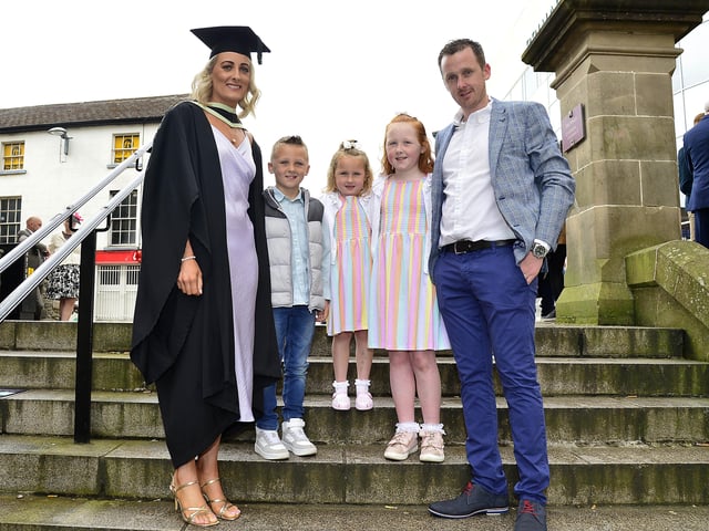 Lisa Cassidy from Drumquin Co Tyrone pictured with Ryan Cassidy, Caela, Cahir and C—ra Lisa graduating in Social Work pictured before the graduation in Derry. Picture By Arthur Allison: Pacemaker Press