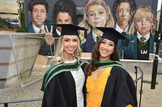 Megan Poland from Limavady and Ellie Canning from Limavady graduating in Social Work pictured before the graduation in Derry. Picture By Arthur Allison: Pacemaker Press