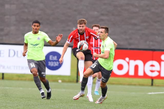 Will Patching under pressure against Riga FC during tonight's Uefa Europa Conference League first round qualifier at Brandywell. Photographs by Kevin Moore.