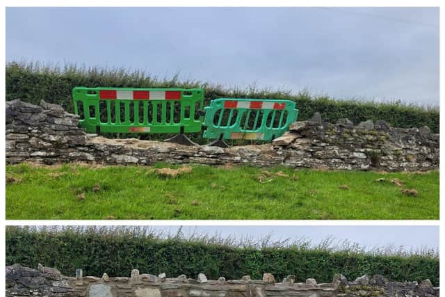 Top: the section of broken wall on the boarder of Glenowen. Bottom: The repairs carried out by Apex Housing Association.