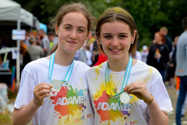 Friends Crea McLaughlin, on the left, and Cora McLaughlin were placed first and second in the Adam B Charity Children’s Colour Run at the Templemore Sports Complex on Saturday afternoon last. Photograph: George Sweeney.  DER2227GS – 011