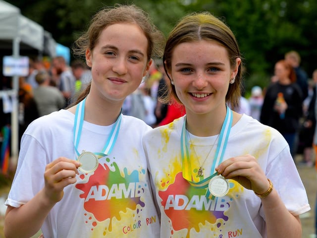 Friends Crea McLaughlin, on the left, and Cora McLaughlin were placed first and second in the Adam B Charity Children’s Colour Run at the Templemore Sports Complex on Saturday afternoon last. Photograph: George Sweeney. DER2227GS – 011