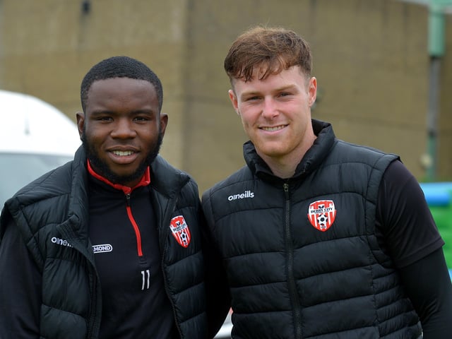 Derry City soccer stars James Akintunde and Cameron McJannet were among the spectators at the Adam B Charity Colour Run at the Templemore Sports Complex on Saturday afternoon last. Photograph: George Sweeney. DER2227GS – 013