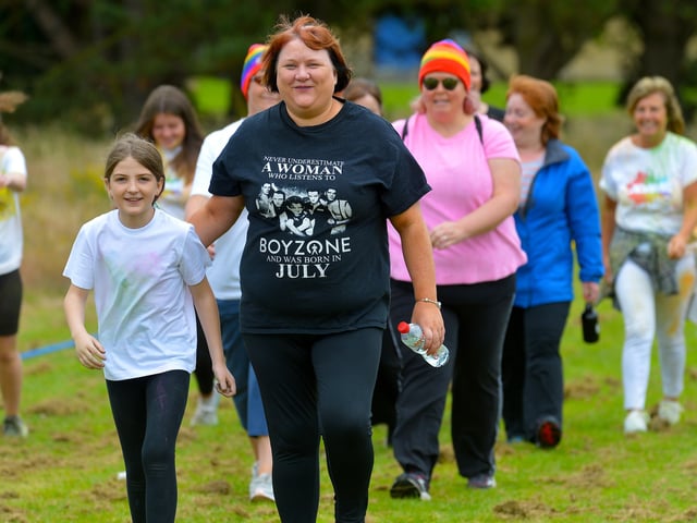 Smiles from participants at the Adam B Charity Colour Run / Walk at the Templemore Sports Complex on Saturday afternoon last. Photograph: George Sweeney.  DER2227GS – 024