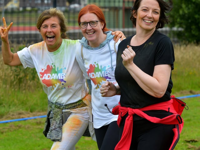 These ladies enjoyed the Adam B Charity Colour Run at the Templemore Sports Complex on Saturday afternoon last. Photograph: George Sweeney.  DER2227GS – 025