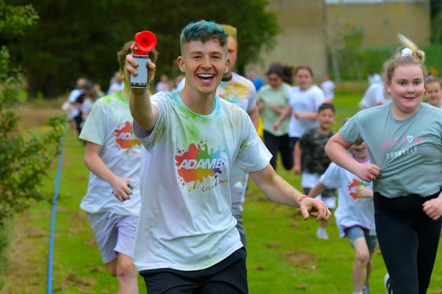 Adam B enjoying the fun at his Charity Colour Run at the Templemore Sports Complex on Saturday afternoon last. Photograph: George Sweeney.  DER2227GS – 019