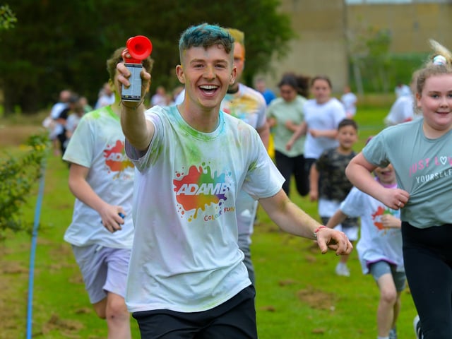 Adam B enjoying the fun at his Charity Colour Run at the Templemore Sports Complex on Saturday afternoon last. Photograph: George Sweeney. DER2227GS – 019