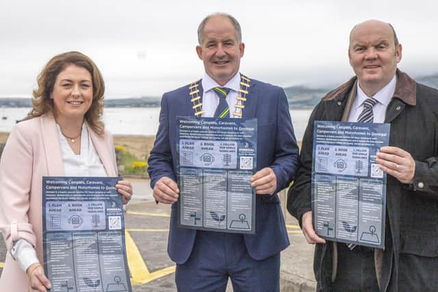 Cllr Liam Blaney, Cathaoirleach of Donegal County Council pictured at the launch of the Campervan protocol with Annmarie Conlon, Head of Economic Development and Garry Martin, Director of Economic Development, Emergency Services and Information Systems, Donegal County Council   (NW Newspix)